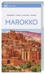 „MAROKKO“ in Großbuchstaben, darunter eine farbenfrohe Übersicht von Lehmbauten in einer wüstenähnlichen Landschaft.