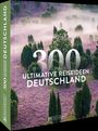 "300 ultimative Reiseideen Deutschland" steht auf einem Buchcover mit einer Heidelandschaft und grünen Bäumen.