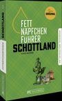 Fett-Näpfchen-Führer Schottland. Illustration eines Schotten in traditioneller Kleidung vor einem Schloss.