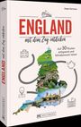 "ENGLAND mit dem Zug entdecken", Buchcover mit Landkarte Englands, Zugstrecke, grüner Landschaft und Sehenswürdigkeiten.
