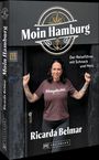 "Moin Hamburg" und "Der Reiseführer mit Schnack und Herz" in Weiß, eine tätowierte Frau in braunem T-Shirt, dunkler Hintergrund.