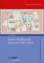 "Sieben Mysterys für Sekundarstufe I und II", Illustration einer Pinnwand mit Karten und Fotos, Umschlag in Rot und Blau.