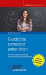 "Geschichte kompetent unterrichten" steht groß auf blauem Hintergrund. Eine Frau posiert selbstbewusst vor gezeichneter Muskelkulisse.