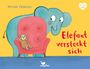 "Elefant versteckt sich" in roter Schrift. Ein Elefant und Faultier auf einem roten Sessel, gelber Hintergrund.