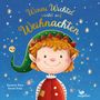 „Winni Wichtel wartet auf Weihnachten“. Ein fröhlicher Wichtel mit rotem Haar, einem grünen Hut und vielen Sternen um ihn herum.