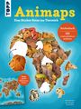 "Animaps: Eine Sticker-Reise ins Tierreich." Stickerbuch, 300 wiederablösbare Aufkleber. Extra: großes Weltkarten-Poster! Illustrationen mit Tiermotiven in Form von Kontinenten.