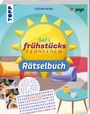 "SAT.1 Frühstücksfernsehen Rätselbuch" in gelb-violett vor einer Sonne mit Strahlen, unten ein Sofa und ein Tisch mit Tassen.