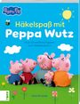 „Häkelnspaß mit Peppa Wutz“, über 20 niedliche Figuren. Oben Logo: Biene, Sonne, Wolken; unten bunte Häkeltiere.