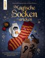 "Magische Socken stricken" ist groß geschrieben. Illustrationen von Socken und kleinen magischen Symbolen.