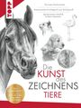 „Die Kunst des Zeichnens Tiere“ steht in großen Buchstaben, umgeben von detaillierten Bleistiftzeichnungen eines Pferdes, Hundes, Flamingos und einer Katze.