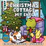 "Christmas Cottage mit Ente. Einfach niedlich ausmalen. Cosy Coloring." Illustration: Baum, Frosch, Ente, Katze, Geschenke.