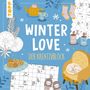 „WINTER LOVE DER KREATIVBLOCK“ in großer Schrift. Illustration mit Teekanne, Keks, Kreuzworträtsel und Katze im Stuhl.