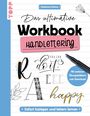 "Das ultimative Workbook Handlettering", bunte Schriftstile, Buch mit Stift und dekorativen Elementen.