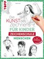 „Die Kunst des Zeichnens für Kinder: Zeichenschule Menschen“. Skizzen von Sängerin, Fußballspieler und zwei Porträts.
