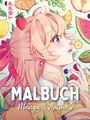 Text: "MALBUCH Manga & Anime 2". Illustration eines Mädchens mit Früchten im Hintergrund.