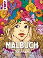„MALBUCH Mädchenzeit“. Illustration: Mädchen mit Blumenkranz und Schmetterling.
