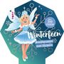 "Winterfeen, Anziehpuppen zum Stickern." Eine blonde Fee in einem blauen Kleid mit Flügeln vor einem glitzernden Hintergrund.
