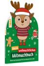 „Mein weihnachtliches Mitmachbuch“ zeigt ein rentierartiges Tier im Weihnachtsoutfit, daneben Schneeflocken und ein Vogel.