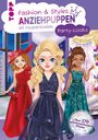Texte: "Fashion & Styles Anziehpuppen", "Party-Looks", "Über 170 wiederablösbare Sticker". Drei stilvolle Puppen in Abendkleidern.