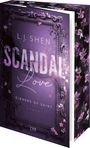 Ein Buchumschlag in Violett mit verzierter Blumengrafik, Text: "L.J. Shen, Scandal Love, Sinners of Saint, Roman, LYX".
