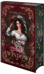 "Rachel Gillig, One Dark Window, Roman, LYX." Frau mit langem Haar hält ein dunkles Fläschchen, umgeben von floralem Rahmen.