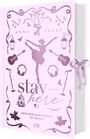 „stay here“, „ANNA SAVAS“, „ROMAN“, „NEW ENGLAND SCHOOL OF BALLET“, „LYX“. Silhouette einer Ballerina und Musiksymbole.
