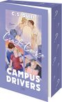 Text: "C. S. Quill, Roman, Crash Course, Campus Drivers, LYX". Illustration: Drei Paare, zwei küssen sich, eines liest.