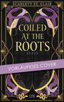 "Vorläufiges Cover" auf lila Banner, darunter Titel "Coiled at the Roots", Schlangen-Illustration, dekoratives Muster.