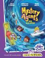 „Mystery Agents - Der Klo-Spion“. Comicstil, vier Kinder in einem Strudel. Fröhliches, buntes Design mit Wasser und Gegenständen.