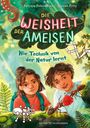 "Die Weisheit der Ameisen: Wie Technik von der Natur lernt." Zwei Kinder mit Ameisen und Pflanzen in kindlicher Illustration.