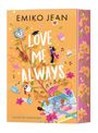 „EMIKO JEAN, LOVE ME ALWAYS“. Orangefarbener Hintergrund, Illustrationen mit Noten, Pflanzen, Figuren und Alltagsgegenständen.