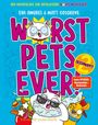 Titel: "Worst Pets Ever!" Ein Comic-Stil mit einer Katze und einem Hund in auffälligen Posen und Farben.
