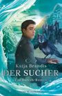 „Katja Brandis, DER SUCHER, Ein Daresh-Roman“. Eine Illustration mit einem Jungen, einem Wolf mit Flügeln und einer Burg.