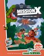 Text: "Fabian Lenk, Julius Thesing, Mission X, Der Schatz des T-Rex". Comicstil. Zwei Kinder flüchten vor einem Vulkan.