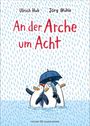 Titel: „An der Arche um Acht“. Drei Pinguine im Regen mit Regenschirm, Illustration.