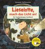 „Lieselotte, mach das Licht an! Ein Taschenlampen-Suchbuch“ steht unter einem Bild mit Kuh, Hund und Huhn im Dachboden.