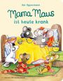 "Mama Maus ist heute krank." Eine Illustration mit Mäusen: Eine Maus liegt im Bett, umgeben von anderen, die helfen.