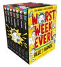 Buchbox mit der Aufschrift: "WORST WEEK EVER!" und "ALLE 7 BÄNDE". Enthält Illustrationen eines überraschten Charakters.