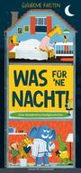 Buchtitel: „Was für ’ne Nacht! Eine Wiedereinschlafgeschichte“. Illustration: Tiere in einem Haus bei Nacht.