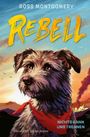 "Rebell" in gelber Schrift, darunter ein Hund mit rotbraunem Fell und einem roten Tuch vor einem dramatischen Himmel.