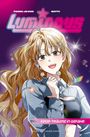 Text: "Luminous", "KPOP-TRÄUME IN GEFAHR". Illustration von lächelndem Mädchen mit Kopfhörer, lila Hintergrund, Sterne.