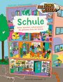 „Schule. Keller, Speicher, Lehrerzimmer – die geheimen Orte der Schule.“ Eine bunte Illustration eines Schulgebäudes.