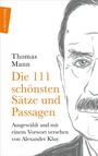 Buchtitel: "Die 111 schönsten Sätze und Passagen". Halbseitiges Porträt eines Mannes, strenger Blick. Links: Verlagssignet.