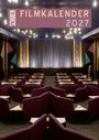 „Schüren Filmkalender 2027“. Kleines Kino mit lila Sitzen, Tischen und beleuchtetem Vorhang, dekorativem Design.