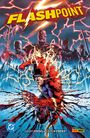 "FLASHPOINT" in gelb, Held im roten Anzug mit Blitzen, Figuren im Hintergrund vor einer Stadt, Zeichenstil einer Comic-Illustration.