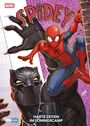 "SPIDEY", darunter "HARTE ZEITEN IM SOMMERCAMP". Spiderman und Black Panther in Aktion auf lilafarbenem Hintergrund.