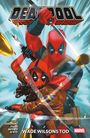 Text: "DEADPOOL", "WADE WILSONS TOD". Eine dynamische Szene mit zwei Figuren in roten Kostümen, umgeben von Kugeln.