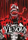 "VENOM: Schwarz, Weiss & Blut" in großen Buchstaben, darunter ein bedrohliches Wesen mit aufgerissenem Mund und langer Zunge.