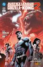 Text: "JUSTICE LEAGUE VS. GODZILLA VS. KONG 2". Illustration mit Superhelden, Godzilla und Kong in einer Stadt.