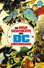 Text: "Die neue Geschichte des DC Universums." Comic-Illustration mit bekannten Superhelden in Aktion. Benutzerdefiniert durch lebendige Farben.